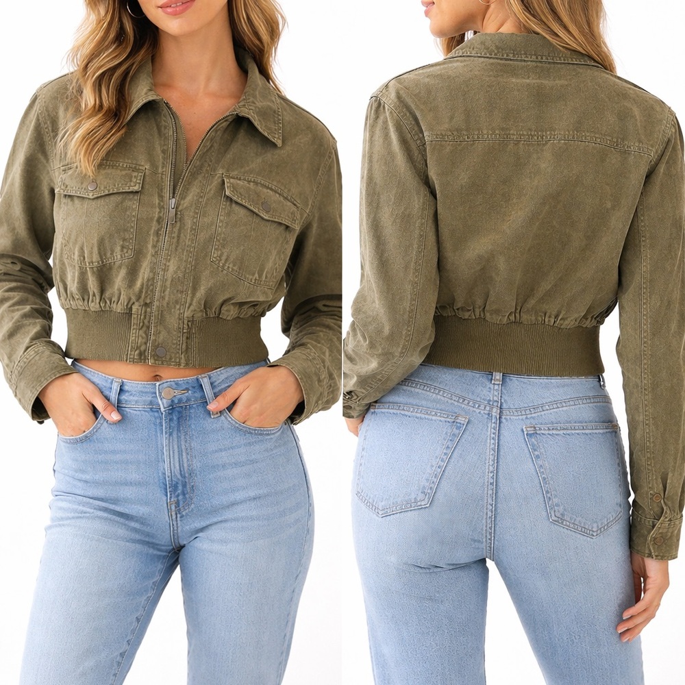 Women’s Medium Olive Green Cropped Utility Jacket Zip Front Quilted Lined Cotton - Picture 2 of 11